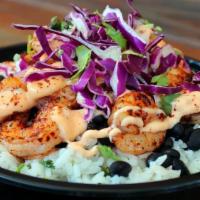 #8 Shrimp (Grilled) Bowl · Topped with grilled shrimp, baja sauce, red cabbage, cilantro..