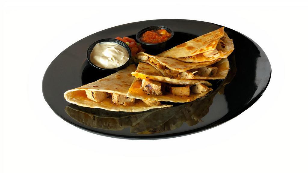 Grilled Chicken Quesadilla · Chicken breast and Cheddar-Jack on grilled flour tortilla, with house-made salsa and sour cream