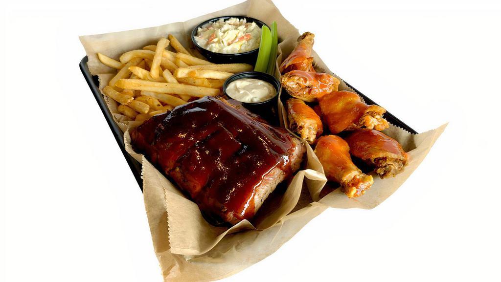 Rib/Wing Combo Dinner · 1/2 rack of ribs w/sauce choice, 1/2 dozen wings w/sauce choice, and choice of 2 sides