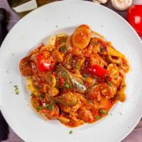 Giambotta · Italian sausage sweet peppers onions mushrooms with light marinara sauce over penne pasta.
