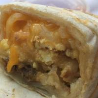Breakfast Burrito · Scrambled eggs, cheddar cheese, hashbrowns, side of salsa.
FYI: YOU MAY NOT ORDER NO CHEESE....