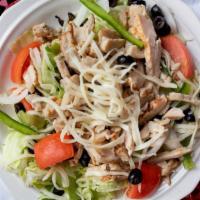 Grilled Chicken Salad · Lettuce, tomatoes, onions, green peppers, mozzarella, black olives and grilled chicken.