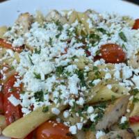 Grecian Pasta · Penne noodles, chicken with fresh vegetables, fresh garlic, tomatoes, olive oil and feta che...