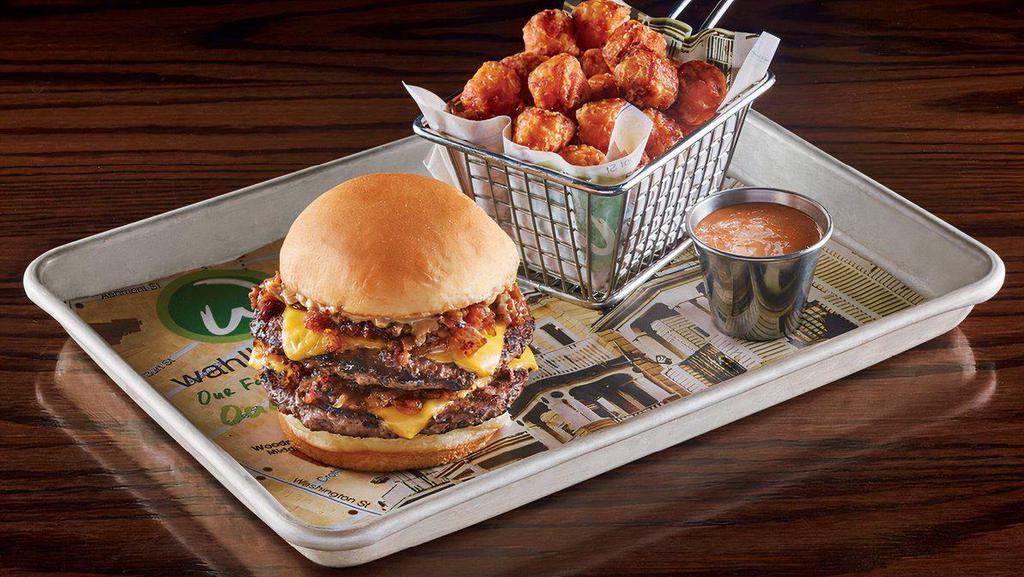 Pbj Burger · two 1/4 lb. burger patties, creamy peanut butter, bacon onion jam & government cheese