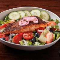 Blackened Salmon Salad · blackened salmon, mixed greens, seasonal fruit, cucumbers, red onions & cherry tomatoes serv...