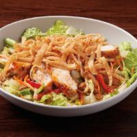 Asian Chicken Salad · Asian-glazed seared chicken, romaine, shredded cabbage, red peppers & carrots topped with wo...