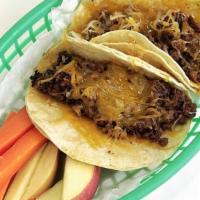 Kids Tacos · (12 and under) Two ground beef tacos with cheese on corn tortilla, side of fruit and veggies