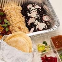 Tacos Cuatro · 1 lb protein of choice, rice, beans, tortillas. Served together, hot. Serves 3-4 people (GF)