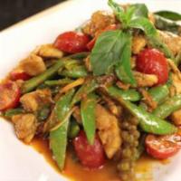 Ped Pad · Basil, mushrooms, green/red pepper, bamboo, eggplant, carrots, and onions in red curry.