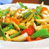 Pad Pak · Green/red bell pepper, mushrooms, onions, carrots, broccoli, bamboo, baby corn, water chestn...