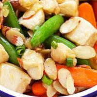 Almond Chicken · Almond nut, green/red bell pepper, onions, water chestnuts, celery, carrots in brown sauce.