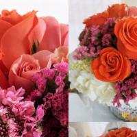 Orange Pink Crush · Beautiful simple modern design of orange, pink, peach nested on a bunch of hydrangea in a me...