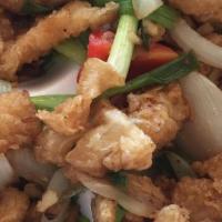 Salt And Pepper Calamari · Lightly battered and flash fried squid seasoned and wok-fried in fresh garlic, butter, onion...