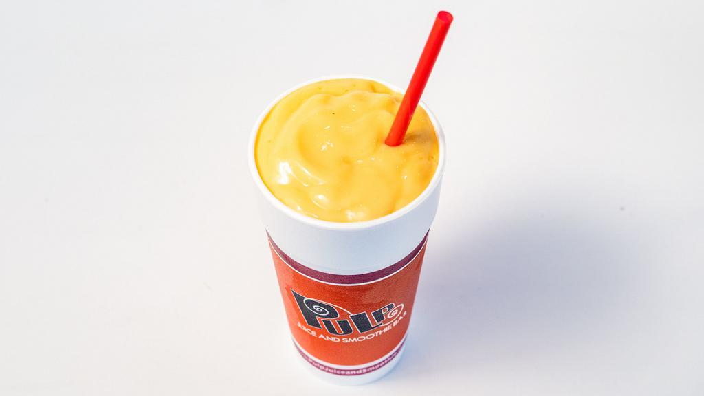 Orange Chill · Fresh squeezed orange juice, bananas, mangos, peaches, orange sherbet, yogurt.