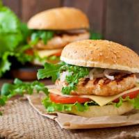 Chicken Burger · Classic chicken burger made with grilled chicken patties, lettuce, tomatoes, pickles, and ga...