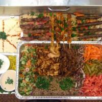 Sajouna Platter · comes with side of Hummus, Fatoush, Rice, pickles, garlic sauce, and tahini sauce. Small:. 2...