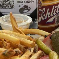 Chicago-Style Char Dog & Fries · Mustard, relish, tomato, onion, pickle, sport pepper, celery salt, poppy seed bun.