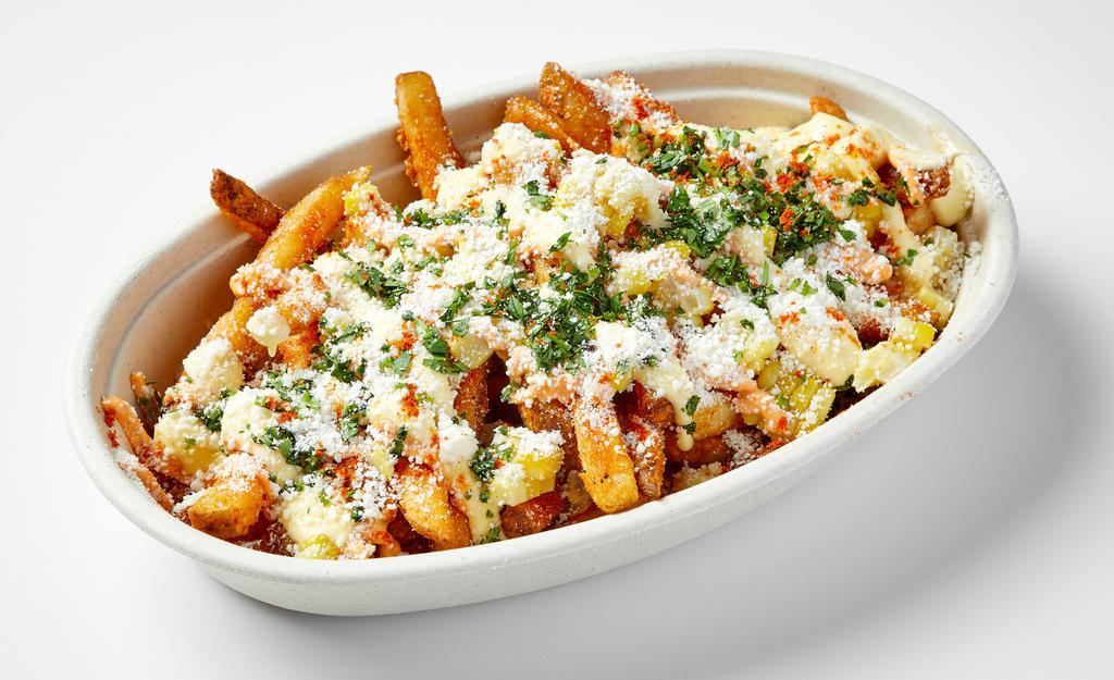 Takis® Elote Fries · Seasoned battered fries, topped with our elotes slathered in butter, chipotle mayo, and covered with cotija cheese, Takis® Fuego, and minced cilantro.