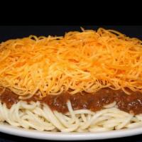 Coney Spaghetti  · Spaghetti covered with Dad’s Coney sauce, Cheddar Cheese and onions