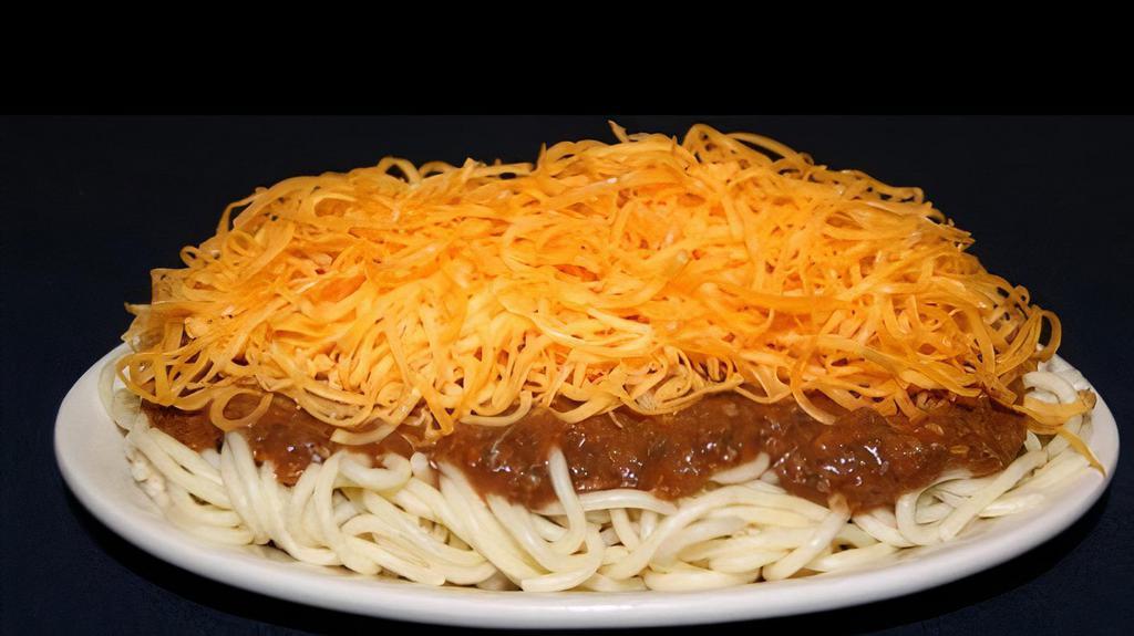 Coney Spaghetti  · Spaghetti covered with Dad’s Coney sauce, Cheddar Cheese and onions