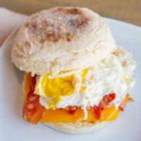 English Bite · Grilled sandwich on an english muffin with bacon egg and cheddar.