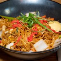 Yakisoba · Pan fried noodles with mushrooms, cabbage, carrots, bonito, and mayo. Add chicken, shrimp, p...
