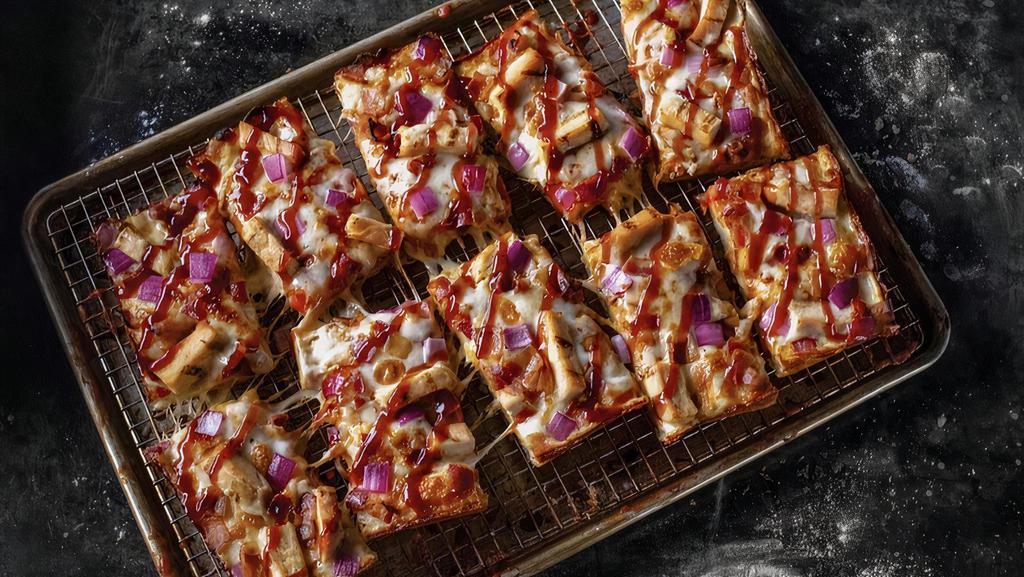 Bbq Chicken Pizza · Mozzarella cheese, grilled chicken, bacon, red onions, and Sweet Baby Rays BBQ sauce.