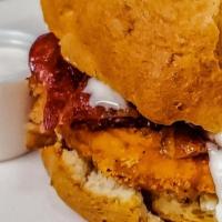 Chicken Bacon Ranch Biscuit · Crispy bacon on top of tender friend chicken breast and drizzled with ranch sauce. Chefs sug...