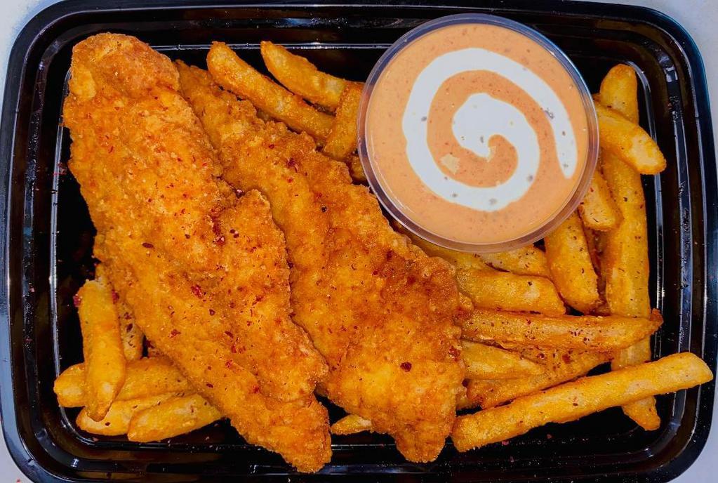-Chicken Tenders And Fries · Comes with Two Chicken Tenders, Fries and your choice of Sauce!
