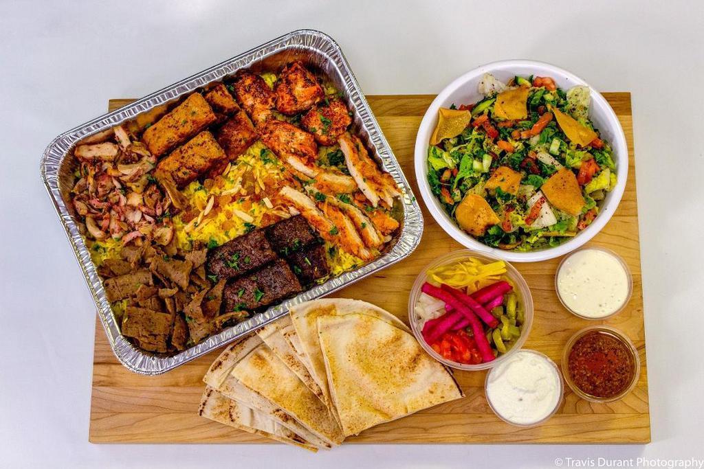 -Mini Combos · Feed The Family! Our Mini Combo comes with 6 servings of Meat or Falafel served over Rice, a Fattoush Salad, Pita Bread, Pickled Veggies, Pita Way White Sauce, Garlic, Hommus, Fattoush Dressing and Pita Chips.