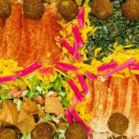 Vegetarian Platter · Our Vegetarian Platter comes beautifully decorated with a base of 2 types of Hummus, Tabboul...