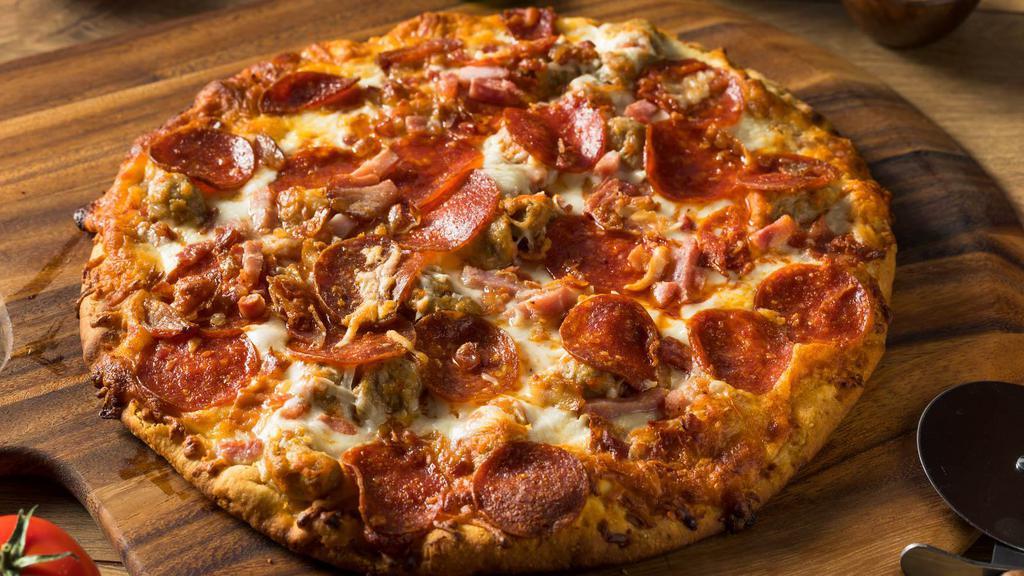 Meat Lover'S Pizza · Fresh out of the Oven, Cheese Pizza topped with Pepperoni, ham, sausage, beef and extra cheese.