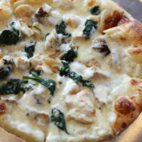 Alfredo Garlic Pizza · Fresh out of the Oven, Cheese Pizza made with Alfredo sauce, and topped with chicken, garlic...