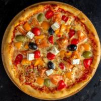 The Greek Pizza · Delicious pizza made with black olives, sliced tomatoes, feta and mozzarella cheese.
