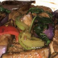 Spicy Eggplant · Spicy stir fried sliced eggplant and vegetables with your choice of protein in hot Thai sauce.