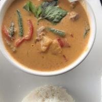 Panang Curry · A delicious sweet curry with your choice of protein cooked in coconut milk, sweet pepper and...