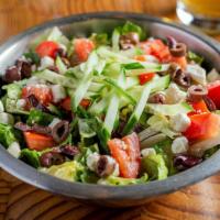 Mediterranean Salad · (VT, GF) Romaine lettuce, feta cheese, kalamata olives, roma tomato, and English cucumber wi...