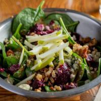 The Beet Salad · (VT, GF) Roasted beets, baby spinach, candied maple walnuts, bleu cheese crumbles, and slice...