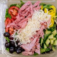 Antipasto Salad · Mixed greens, ham, salami, mozzarella cheese, tomato, cucumber, mild peppers and black olives.