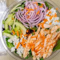 Buffalo Chicken Salad · Greens, Buffalo chicken, celery, red onion, shredded carrots, bleu cheese.