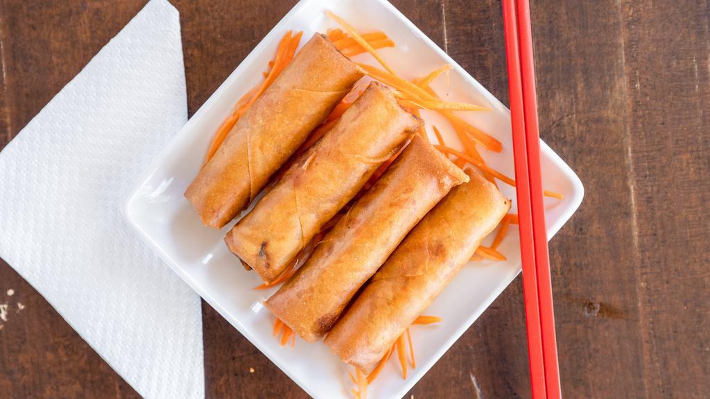 Fried Egg Rolls (4) · Ground chicken, mixed vegetables and clear noodles rolled in spring roll shell.