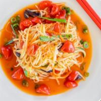 Thai Papaya Salad · Shredded papaya with fresh chili peppers, tomatoes and carrots in lime juice.