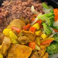 Curry Chicken Bowl · Island style curry chicken cubes with carrot, potato, chayote/chocho. Seasoned with blended ...