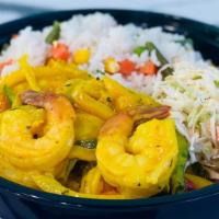 Curry Shrimp Bowl · Jumbo gulf shrimp: saute and reduce in fresh squeeze coconut cream/juice. With bell peppers:...