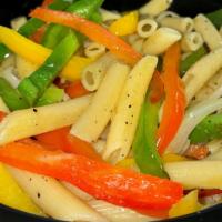 Irie Rasta Bowl · Penne pasta tossed in extra virgin olive oil. With assorted colored bell peppers: red, green...