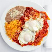 Chilaquiles Verdes O Rojos · Served with beans arroz, chilaquiles served with meat or chicken, with beans and rice.