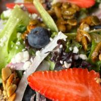 Spring Berry Salad · Mixed Greens, Fresh Berries, Goat Cheese, Red Onion, Honey Toasted Pepitas