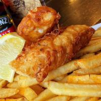 Fish & Chips · Cod loin, harp lager batter, fries, coleslaw, house-made tartar,and house-made pickles.