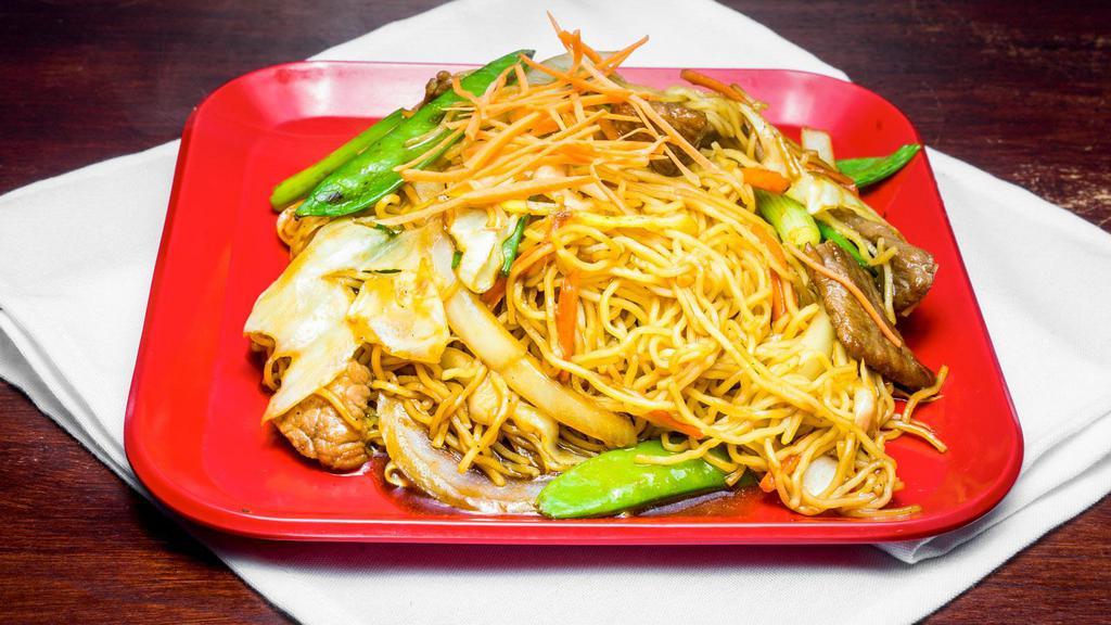 Lo-Mein · Slices of protein of your choice stir fried with skinny egg noodles, shredded cabbage, carrots, peapods, and onions.
