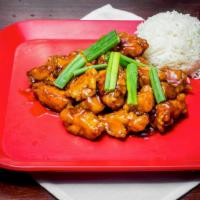 General Tso Chicken · pictured with white rice